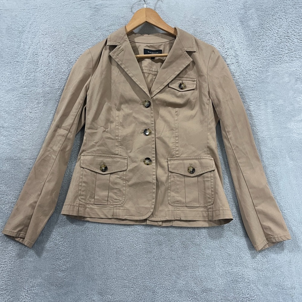Talbots Jacket Womens 4 Blazer Tan Khaki Pockets Casual Academia‎ Preppy